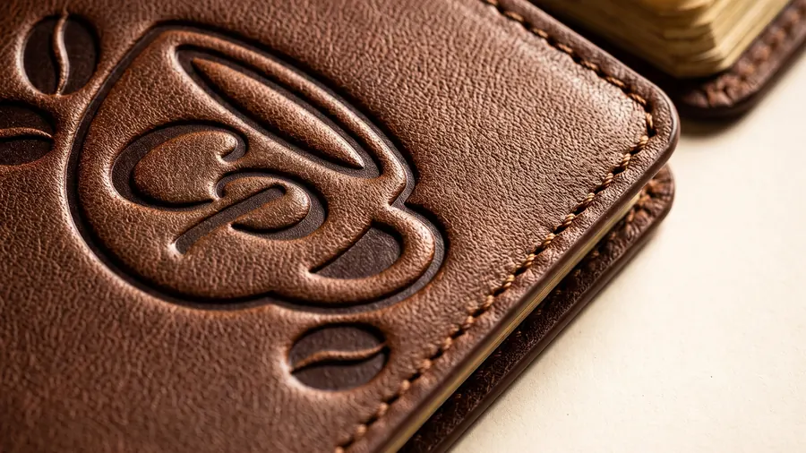 Close-up of the embossed CP monogram on the leather passport